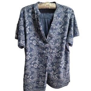 Lands End Top Womens Medium Blue Floral Polynesian Tunic